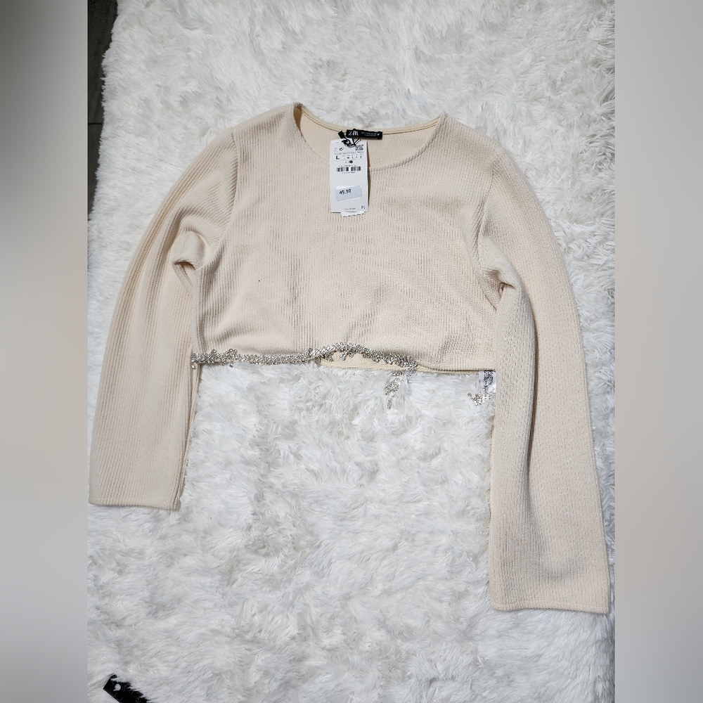 Cream Long Sleeve Top with Silver Accents